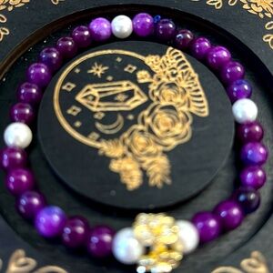 0158B Purple Agate Shell Pearls 6mm Bracelet with FlowerCharm with Crystals